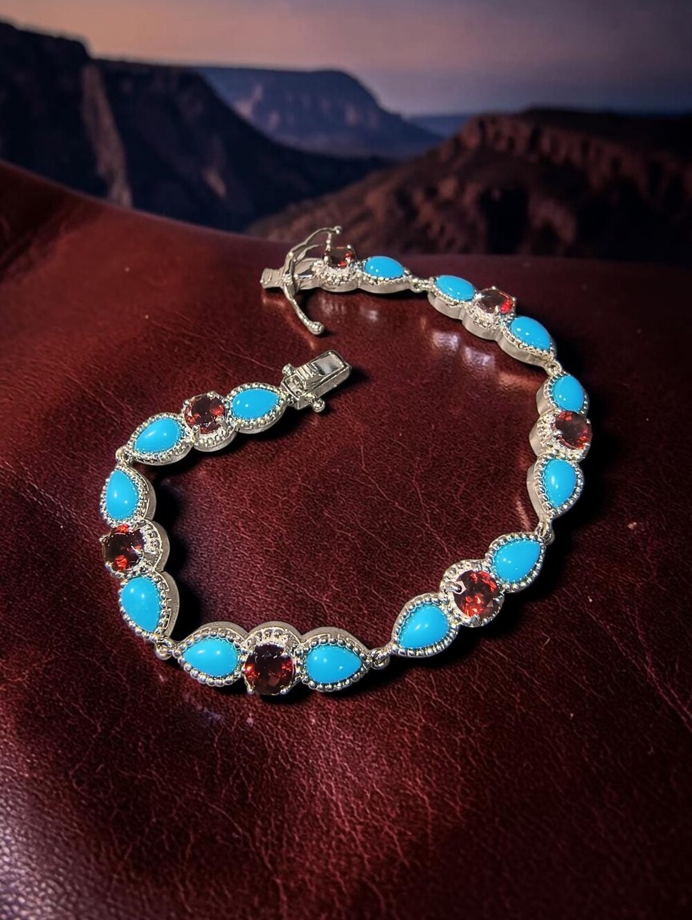Sleeping Beauty Turquoise, Garnet & Sterling Silver Line Bracelet Brand New